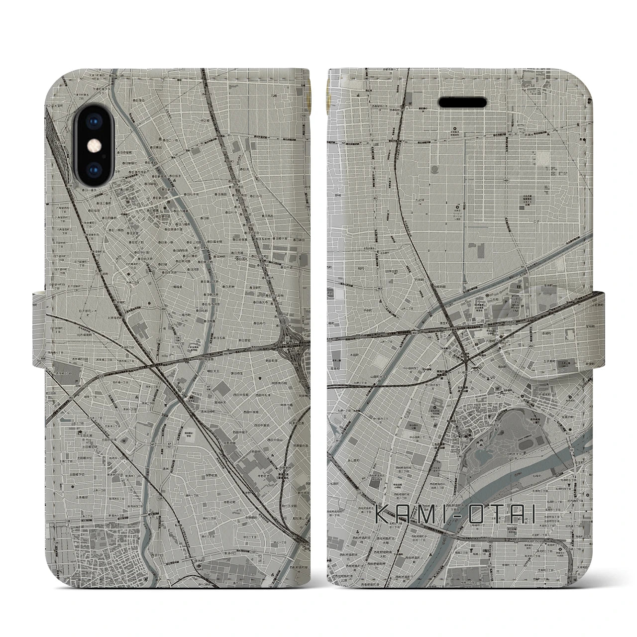 【上小田井(愛知県)】地図柄iPhoneケース(手帳タイプ)モノトーン・iPhone XS / X 用