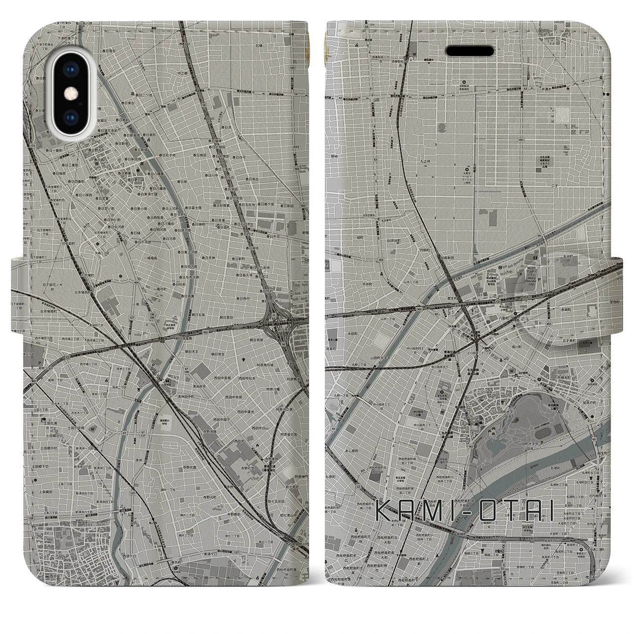 【上小田井(愛知県)】地図柄iPhoneケース(手帳タイプ)モノトーン・iPhone XS Max 用
