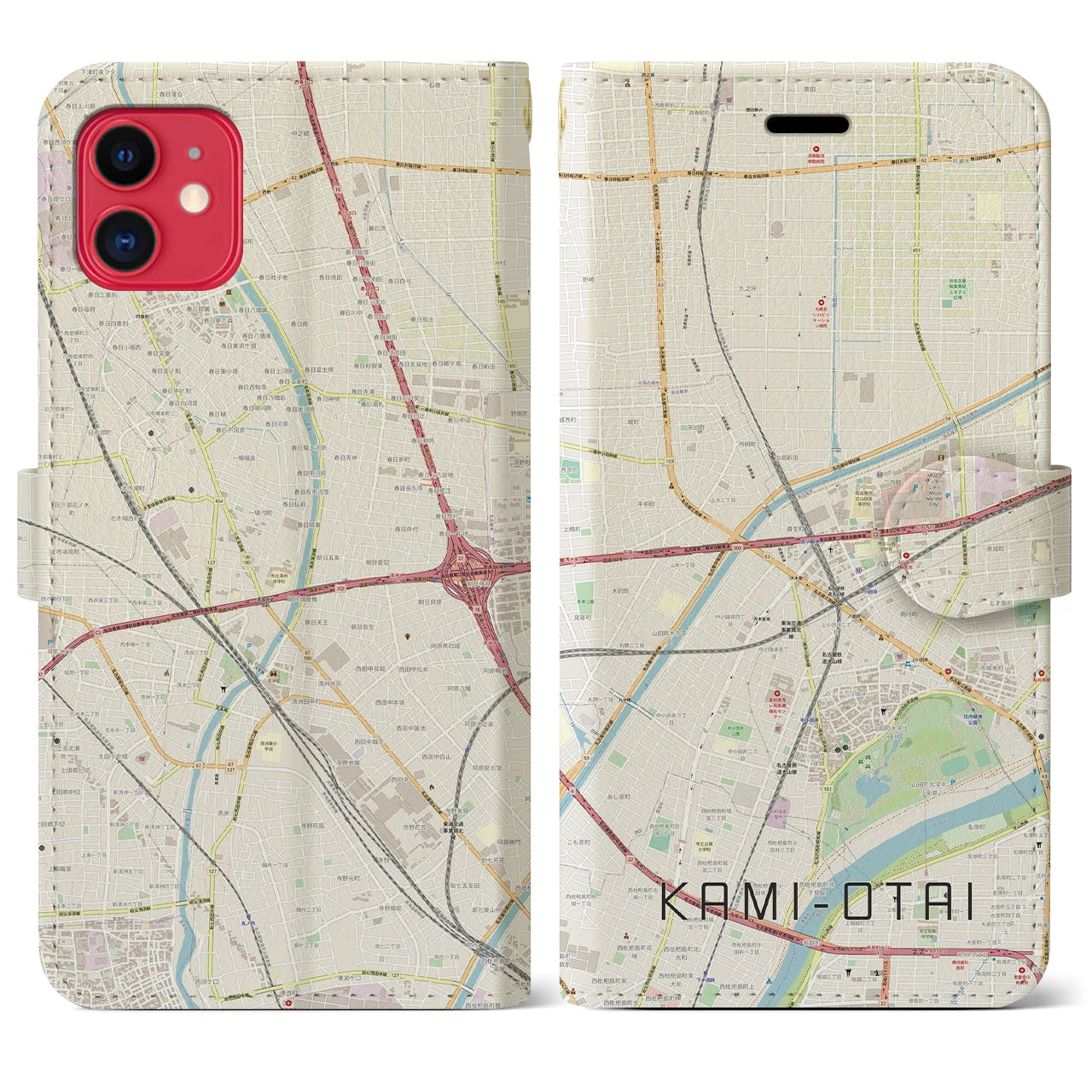 【上小田井(愛知県)】地図柄iPhoneケース(手帳タイプ)ナチュラル・iPhone 11 用