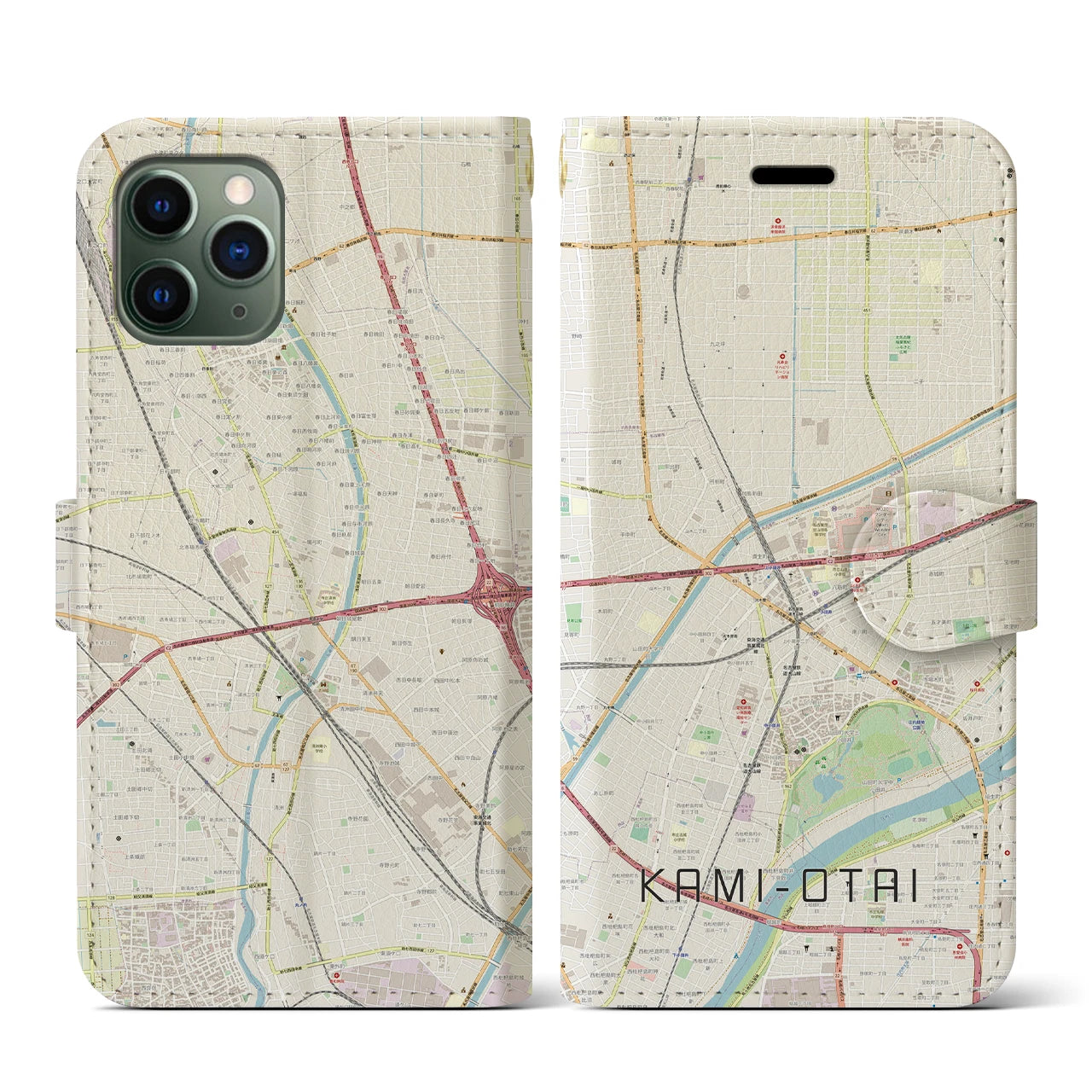 【上小田井(愛知県)】地図柄iPhoneケース(手帳タイプ)ナチュラル・iPhone 11 Pro 用