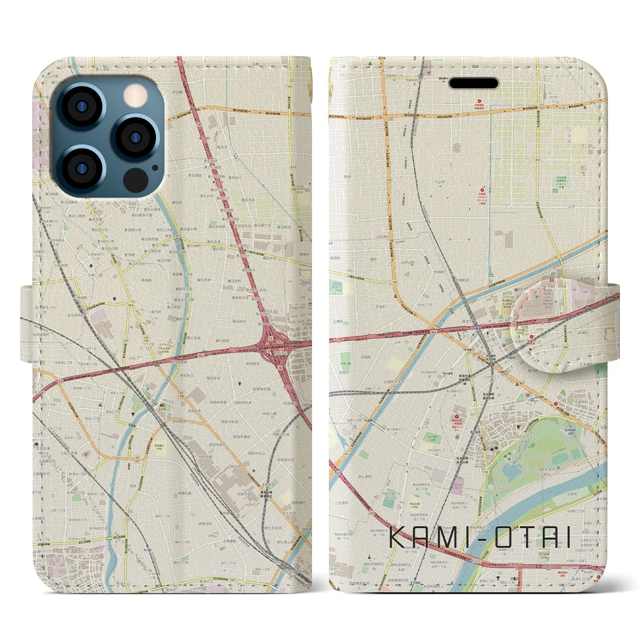 【上小田井(愛知県)】地図柄iPhoneケース(手帳タイプ)ナチュラル・iPhone 12 / 12 Pro 用