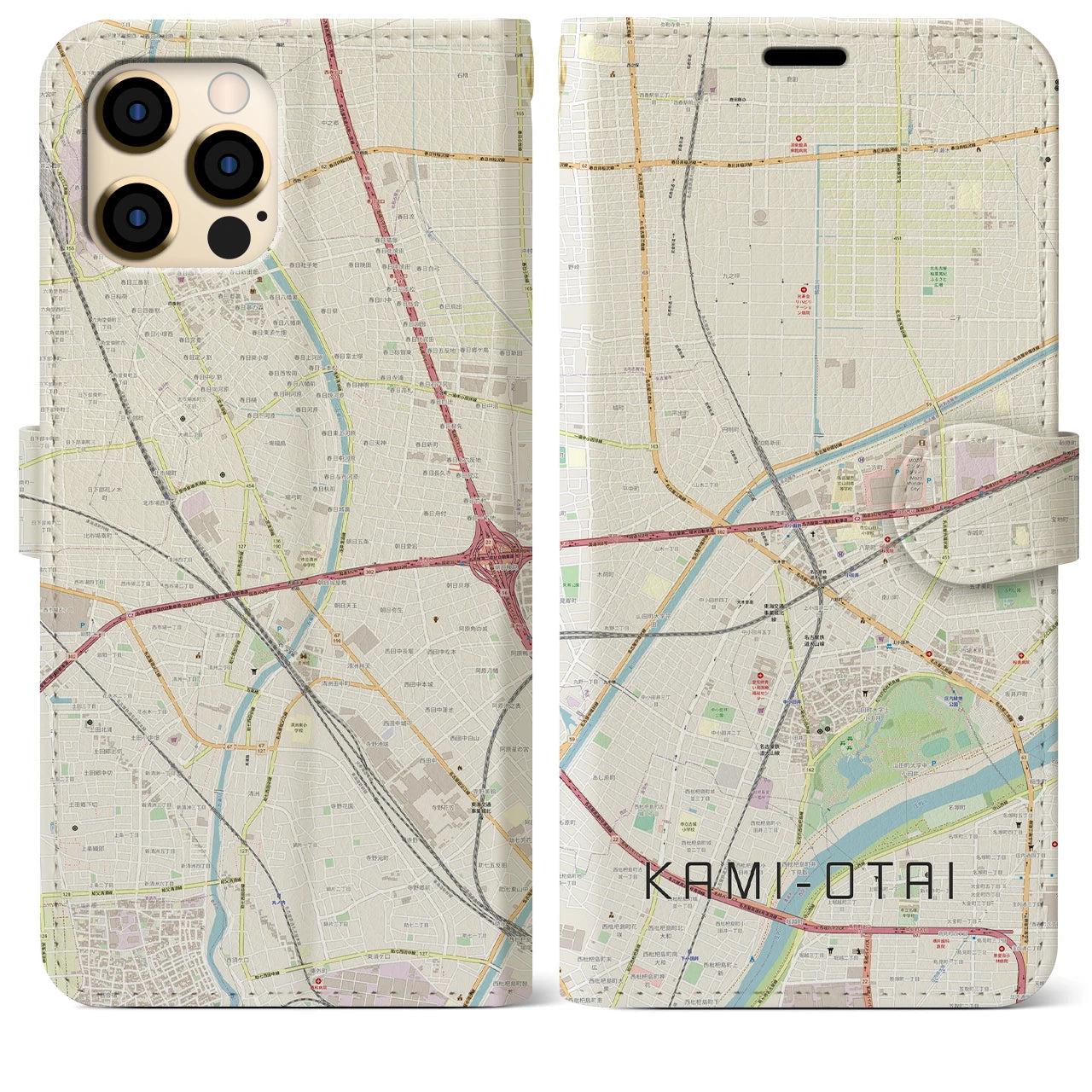 【上小田井(愛知県)】地図柄iPhoneケース(手帳タイプ)ナチュラル・iPhone 12 Pro Max 用