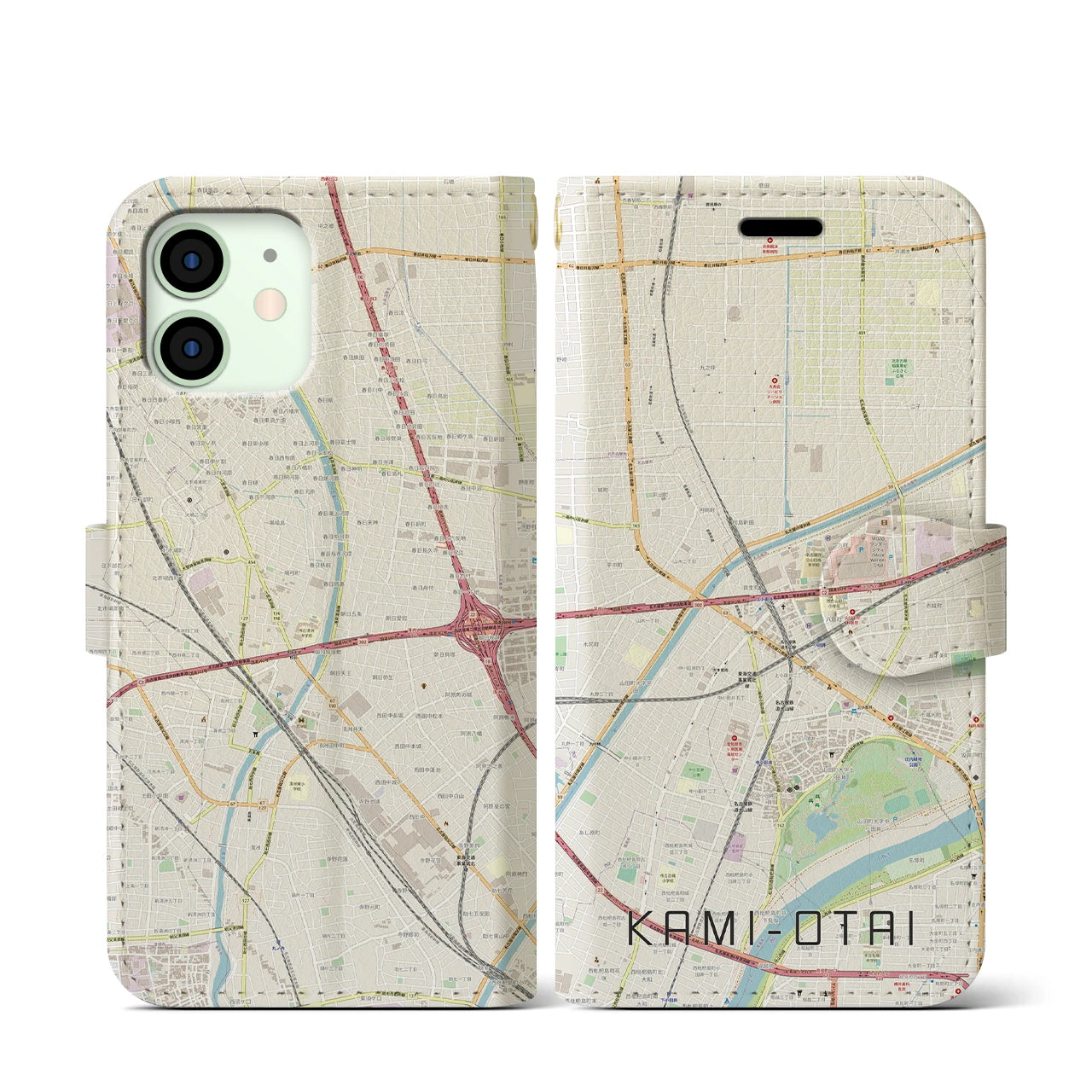 【上小田井(愛知県)】地図柄iPhoneケース(手帳タイプ)ナチュラル・iPhone 12 mini 用