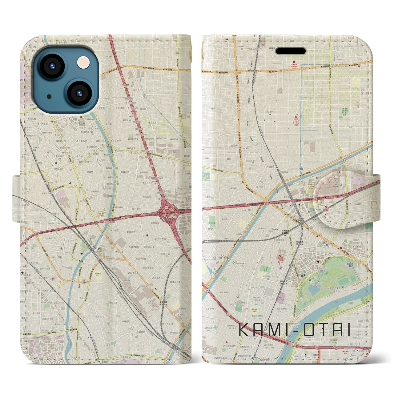 【上小田井(愛知県)】地図柄iPhoneケース(手帳タイプ)ナチュラル・iPhone 13 用