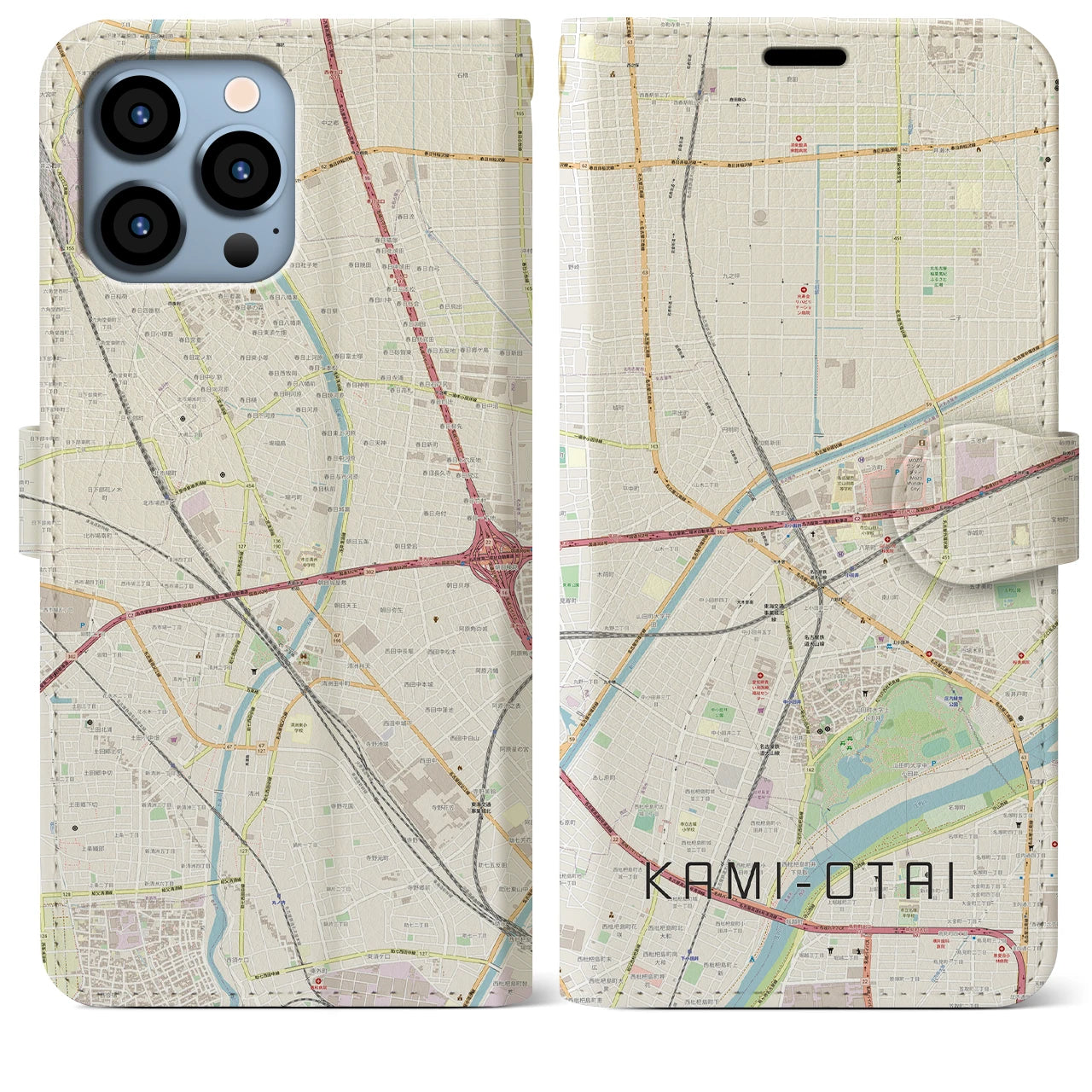 【上小田井(愛知県)】地図柄iPhoneケース(手帳タイプ)ナチュラル・iPhone 13 Pro Max 用