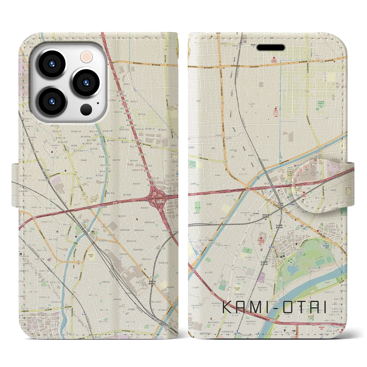 【上小田井(愛知県)】地図柄iPhoneケース(手帳タイプ)ナチュラル・iPhone 13 Pro 用