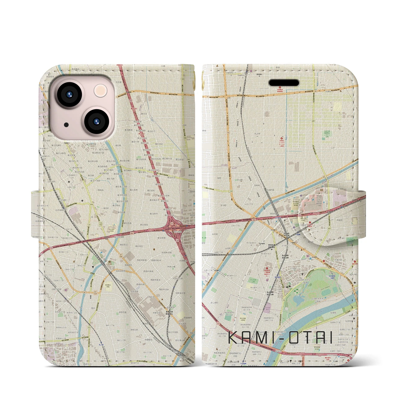 【上小田井(愛知県)】地図柄iPhoneケース(手帳タイプ)ナチュラル・iPhone 13 mini 用