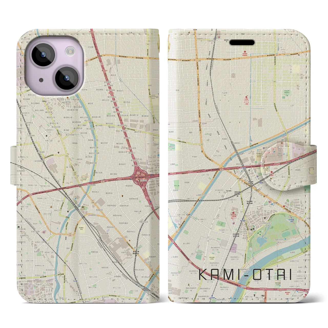 【上小田井(愛知県)】地図柄iPhoneケース(手帳タイプ)ナチュラル・iPhone 14 用