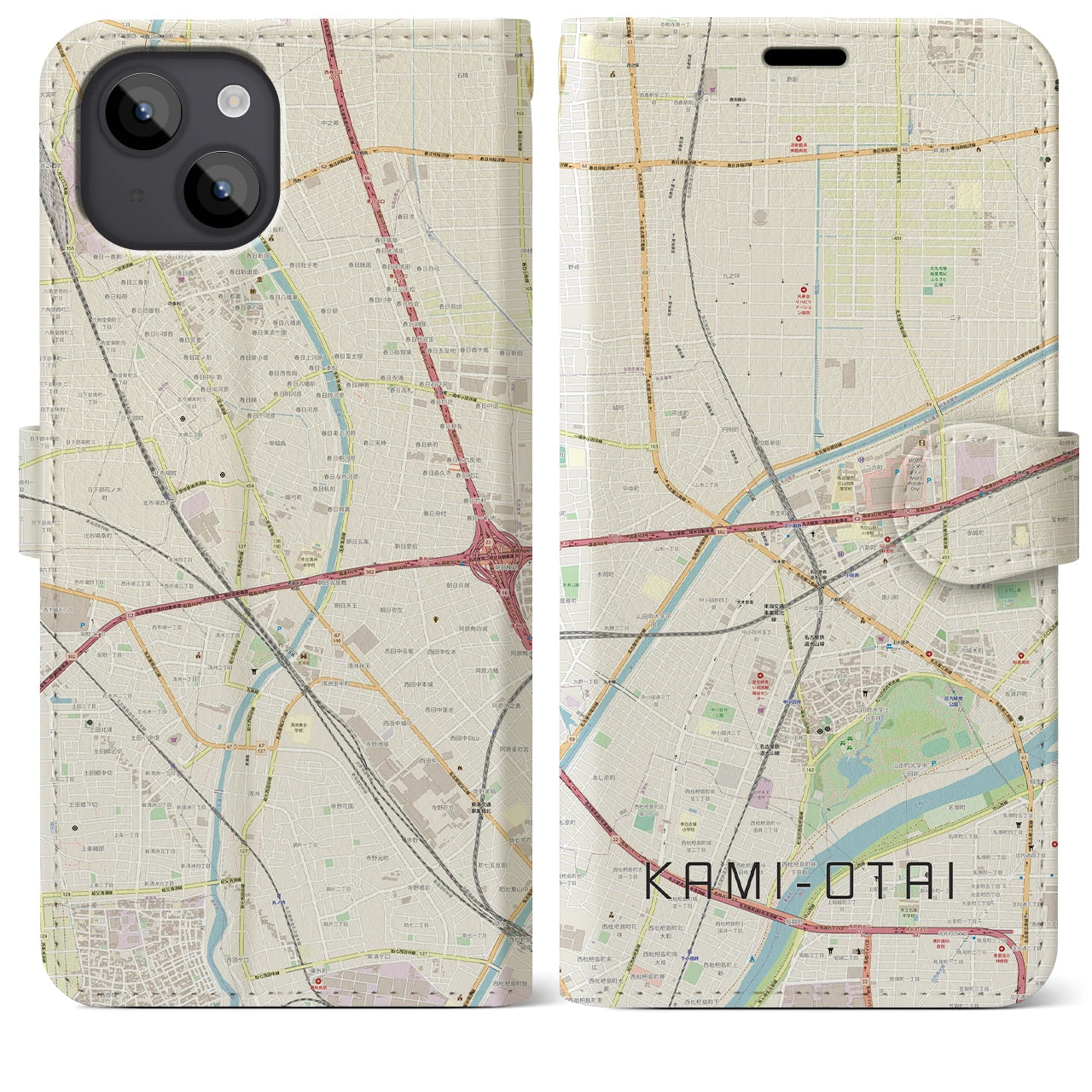 【上小田井(愛知県)】地図柄iPhoneケース(手帳タイプ)ナチュラル・iPhone 14 Plus 用