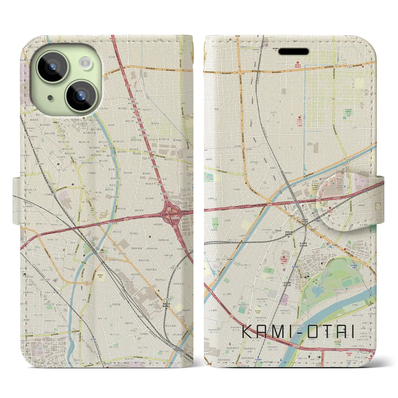 【上小田井(愛知県)】地図柄iPhoneケース(手帳タイプ)ナチュラル・iPhone 15 用