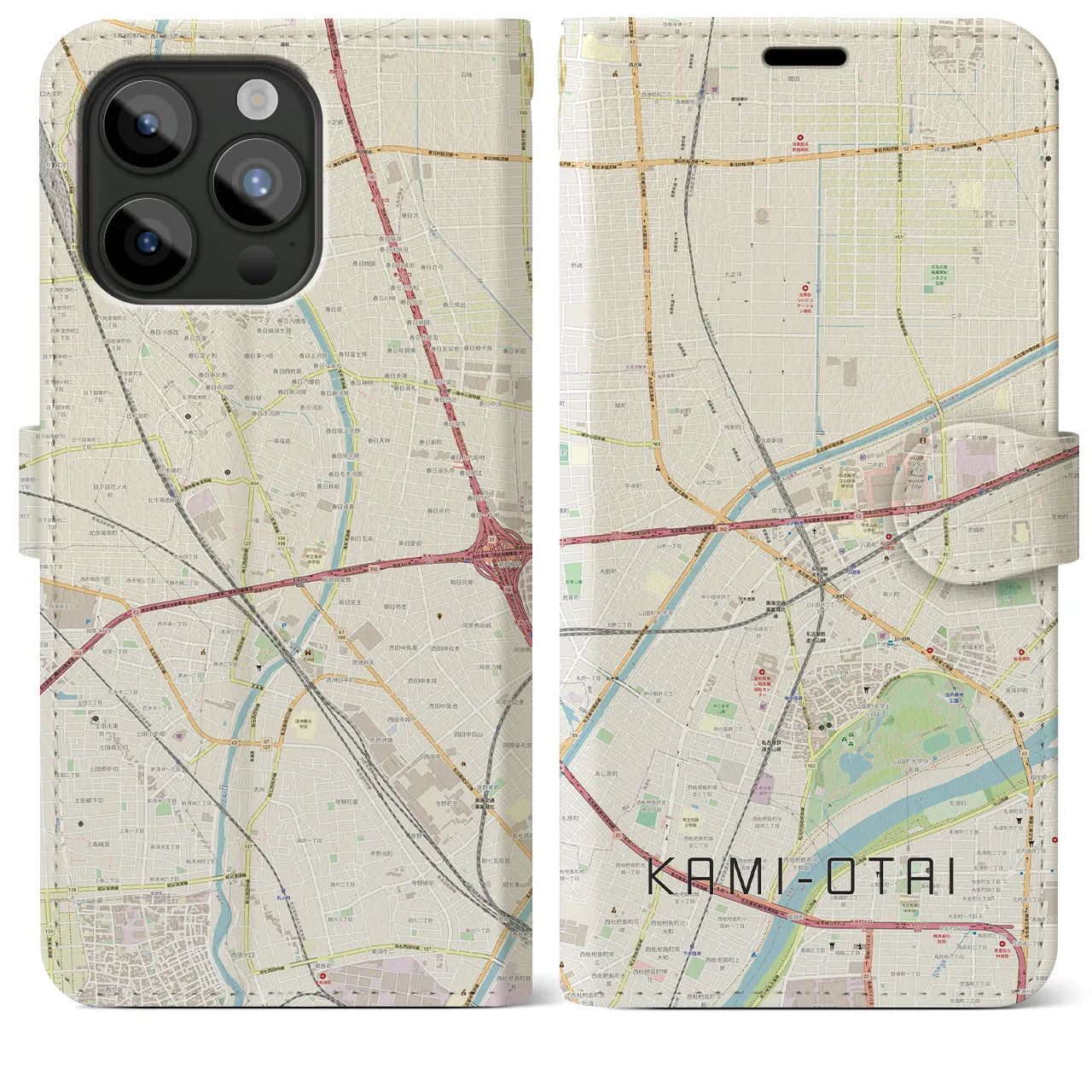 【上小田井(愛知県)】地図柄iPhoneケース(手帳タイプ)ナチュラル・iPhone 15 Pro Max 用