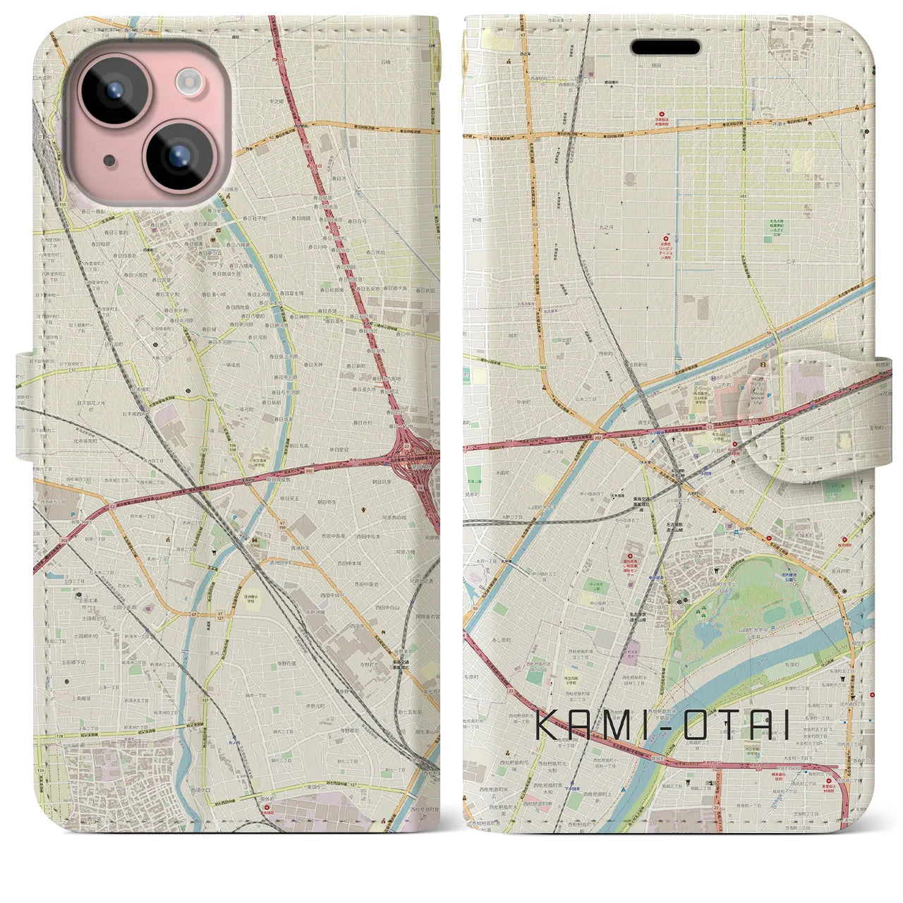 【上小田井(愛知県)】地図柄iPhoneケース(手帳タイプ)ナチュラル・iPhone 15 Plus 用