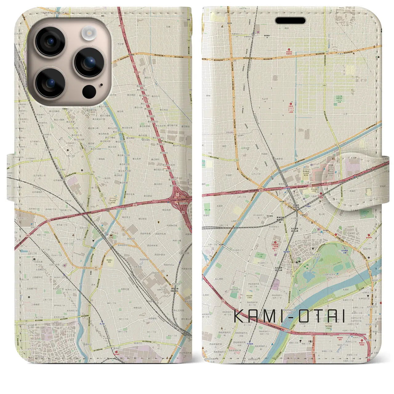 【上小田井(愛知県)】地図柄iPhoneケース(手帳タイプ)ナチュラル・iPhone 16 Plus 用