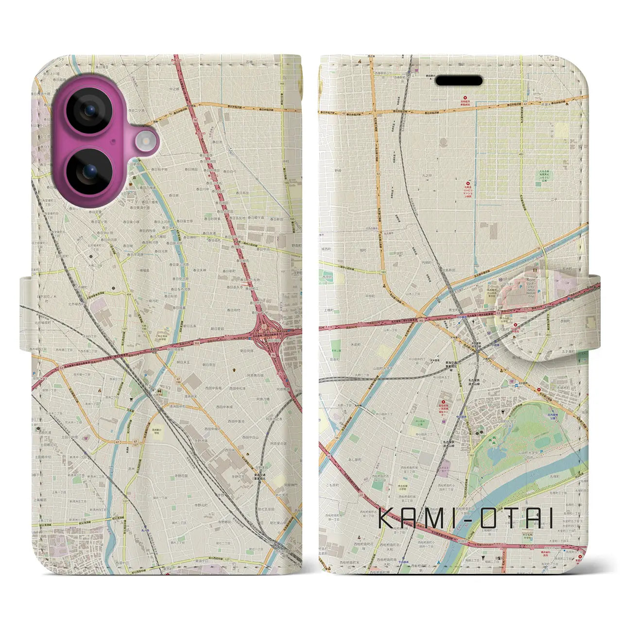 【上小田井(愛知県)】地図柄iPhoneケース(手帳タイプ)ナチュラル・iPhone 16 Pro 用