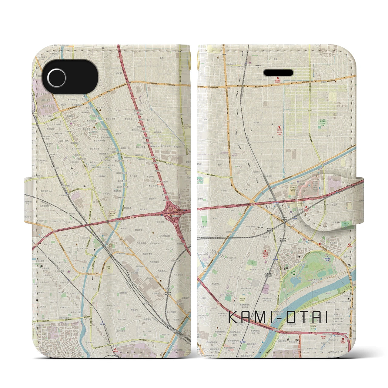 【上小田井(愛知県)】地図柄iPhoneケース(手帳タイプ)ナチュラル・iPhone SE(第3 / 第2世代) / 8 / 7 / 6s / 6 用