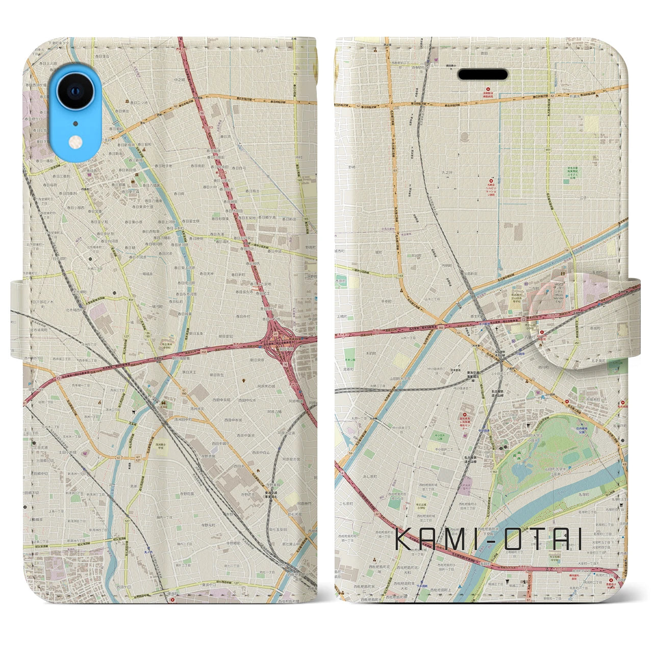 【上小田井(愛知県)】地図柄iPhoneケース(手帳タイプ)ナチュラル・iPhone XR 用
