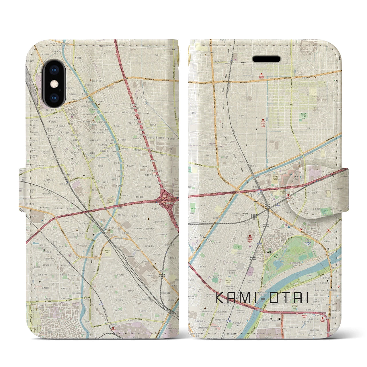 【上小田井(愛知県)】地図柄iPhoneケース(手帳タイプ)ナチュラル・iPhone XS / X 用