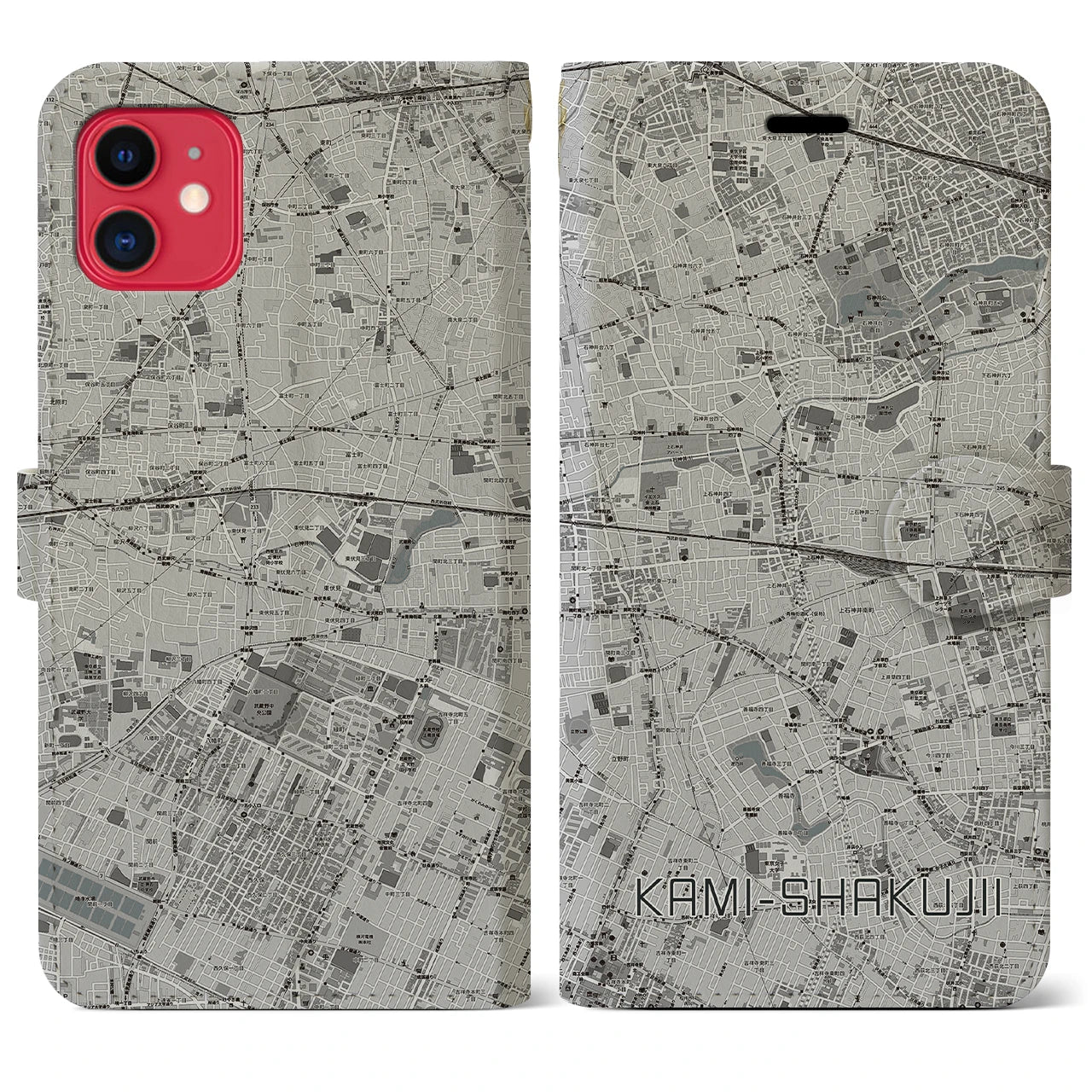 【上石神井(東京都)】地図柄iPhoneケース(手帳タイプ)モノトーン・iPhone 11 用