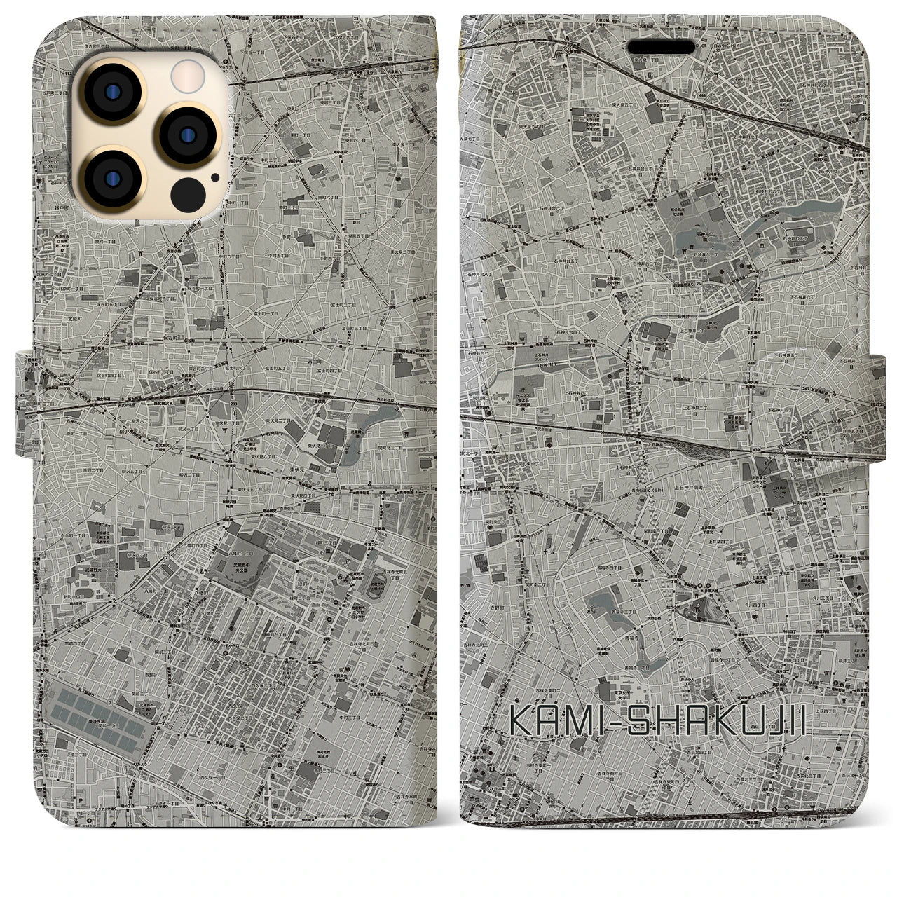 【上石神井(東京都)】地図柄iPhoneケース(手帳タイプ)モノトーン・iPhone 12 Pro Max 用