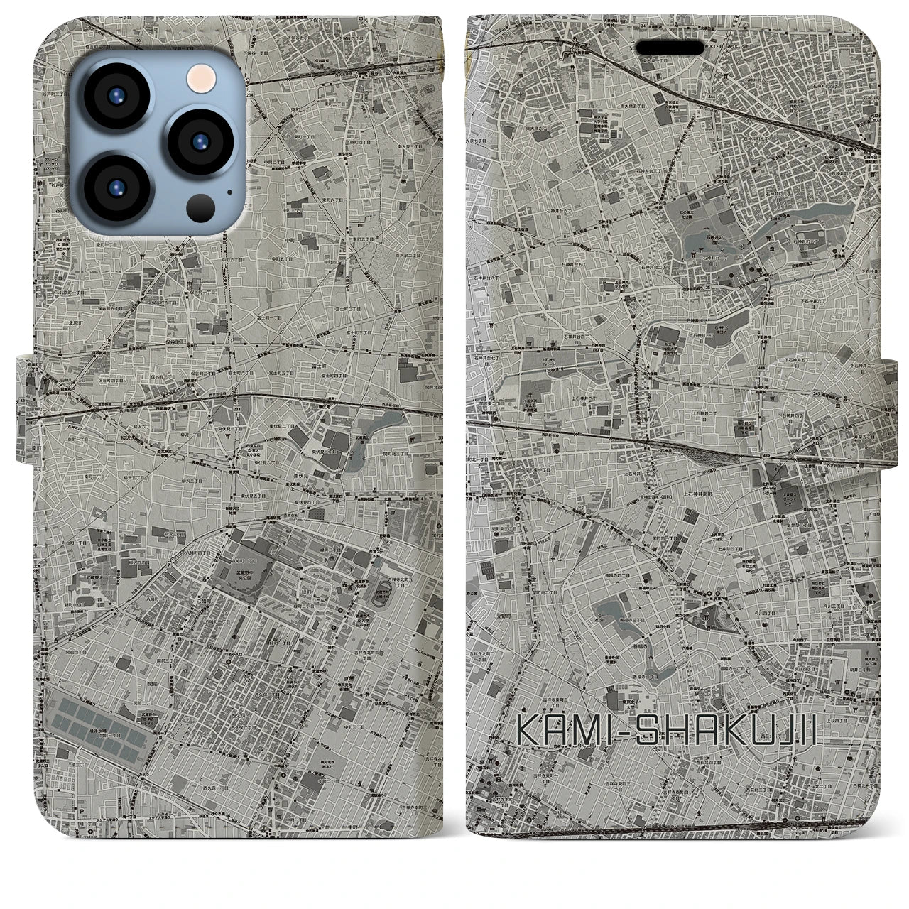 【上石神井(東京都)】地図柄iPhoneケース(手帳タイプ)モノトーン・iPhone 13 Pro Max 用