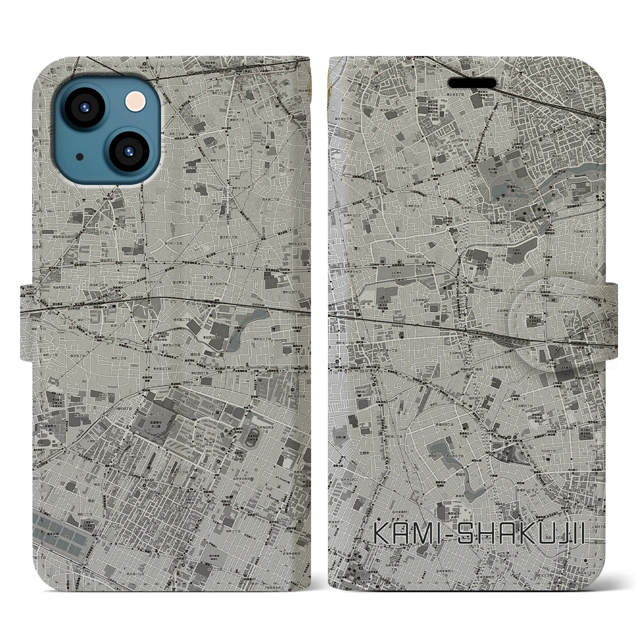 【上石神井(東京都)】地図柄iPhoneケース(手帳タイプ)モノトーン・iPhone 13 用