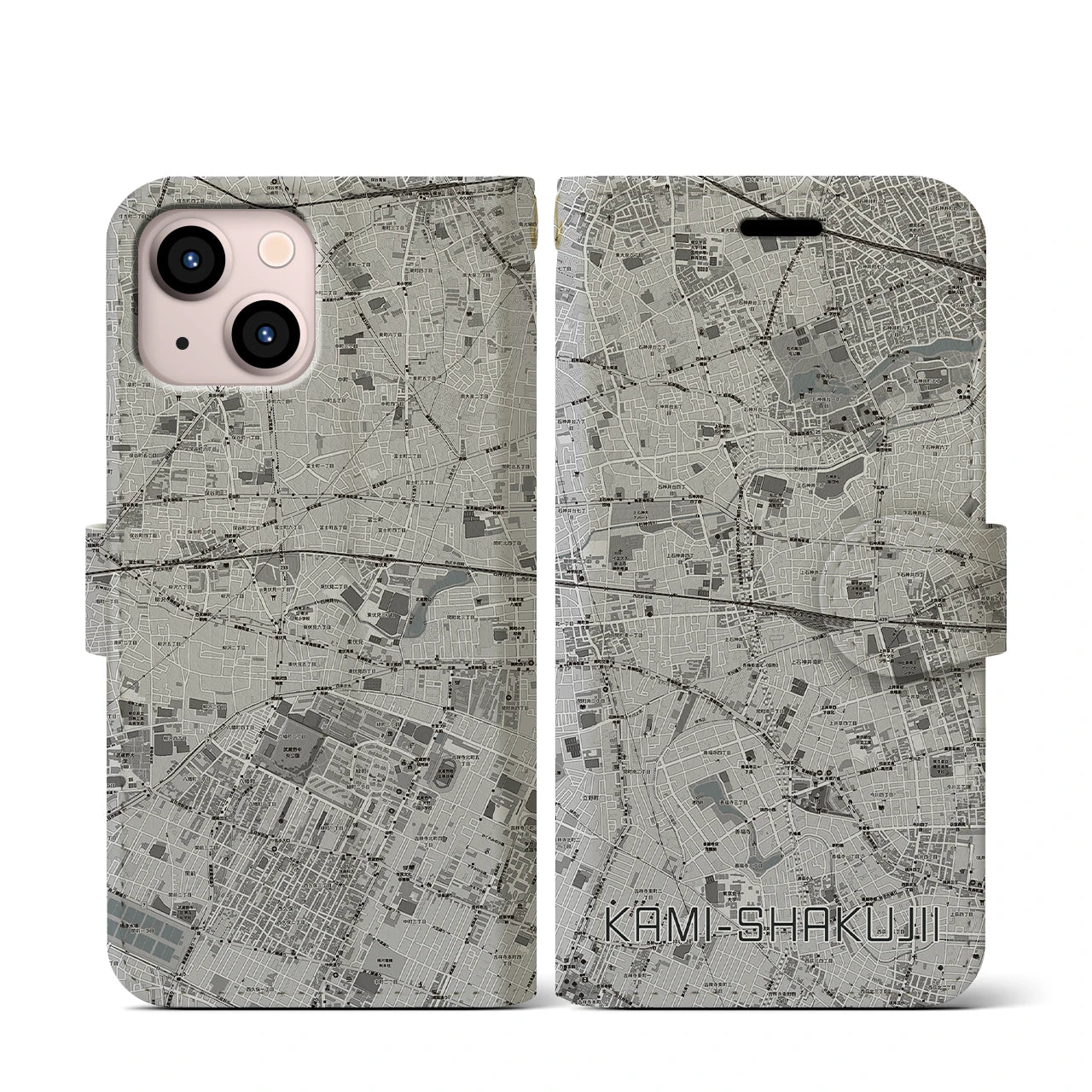 【上石神井(東京都)】地図柄iPhoneケース(手帳タイプ)モノトーン・iPhone 13 mini 用