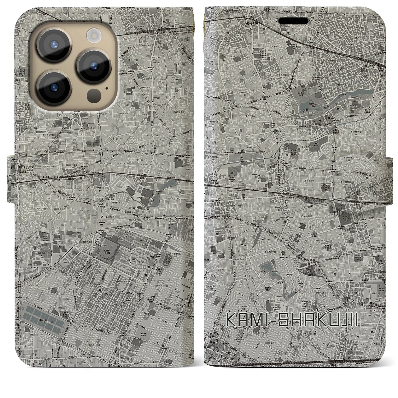 【上石神井(東京都)】地図柄iPhoneケース(手帳タイプ)モノトーン・iPhone 14 Pro Max 用
