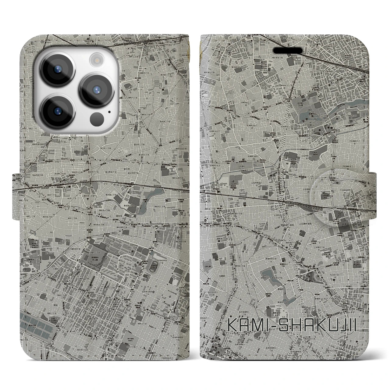 【上石神井(東京都)】地図柄iPhoneケース(手帳タイプ)モノトーン・iPhone 14 Pro 用