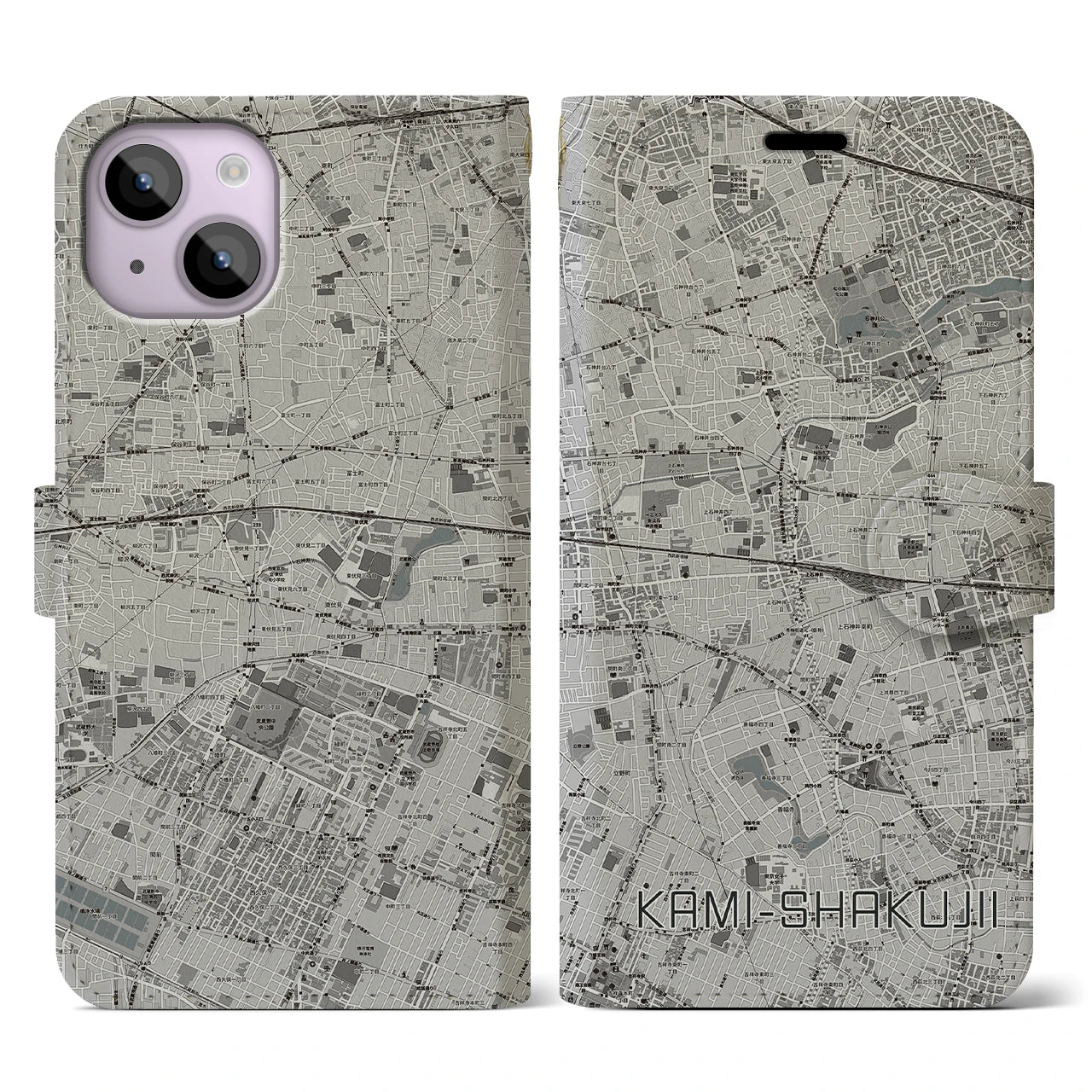 【上石神井(東京都)】地図柄iPhoneケース(手帳タイプ)モノトーン・iPhone 14 用