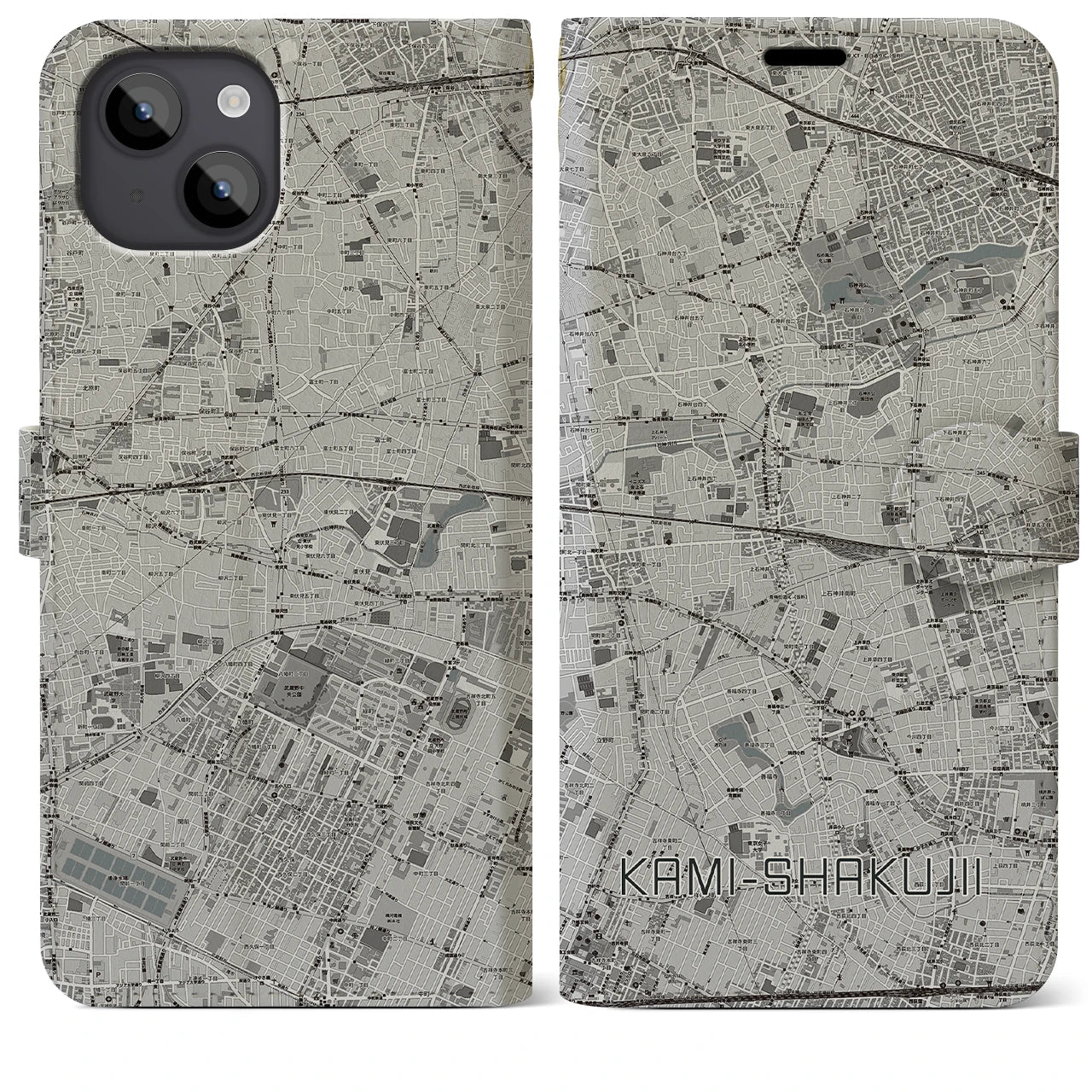 【上石神井(東京都)】地図柄iPhoneケース(手帳タイプ)モノトーン・iPhone 14 Plus 用