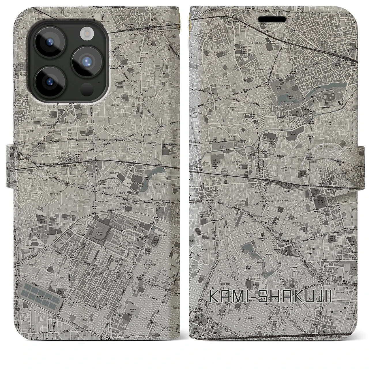 【上石神井(東京都)】地図柄iPhoneケース(手帳タイプ)モノトーン・iPhone 15 Pro Max 用