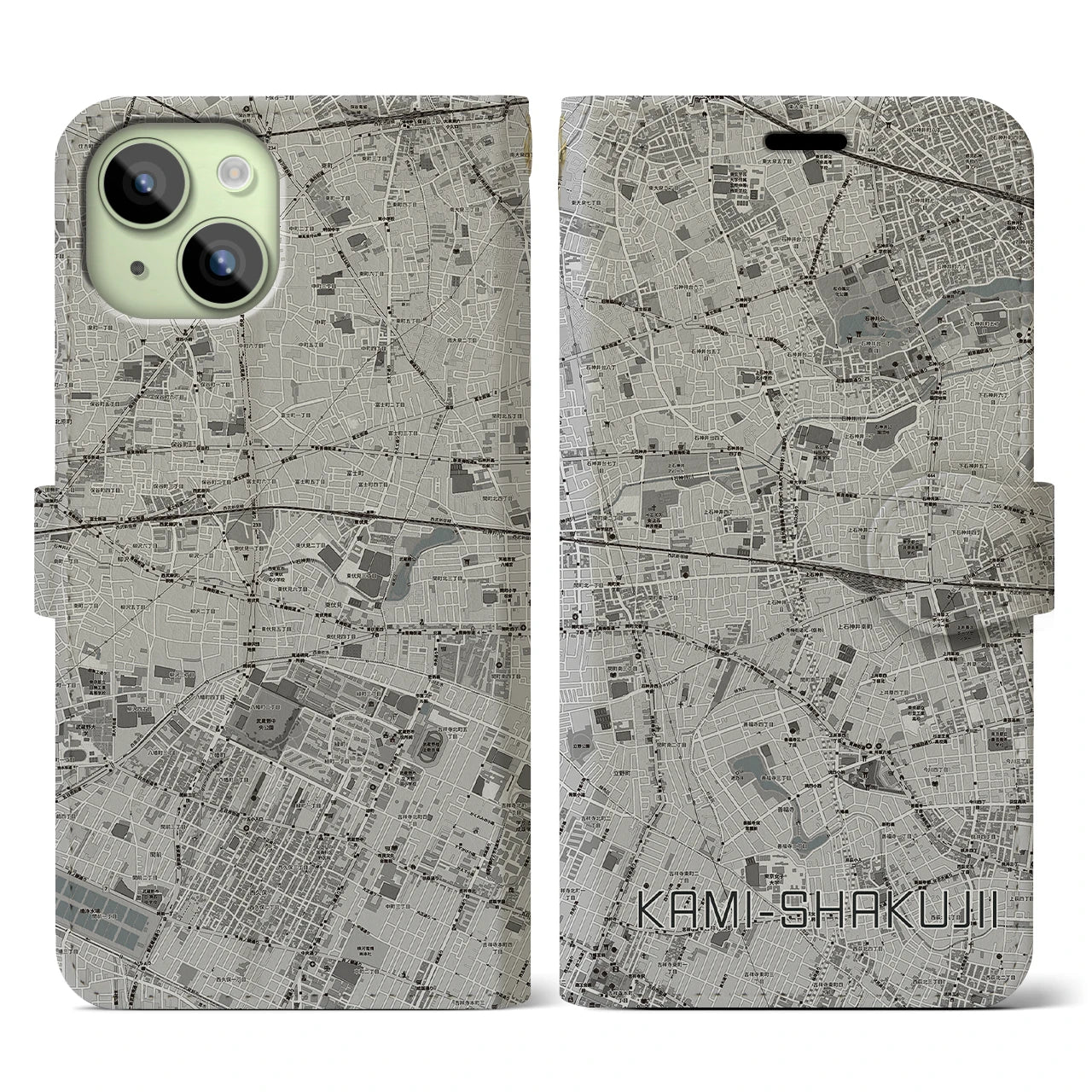 【上石神井(東京都)】地図柄iPhoneケース(手帳タイプ)モノトーン・iPhone 15 用