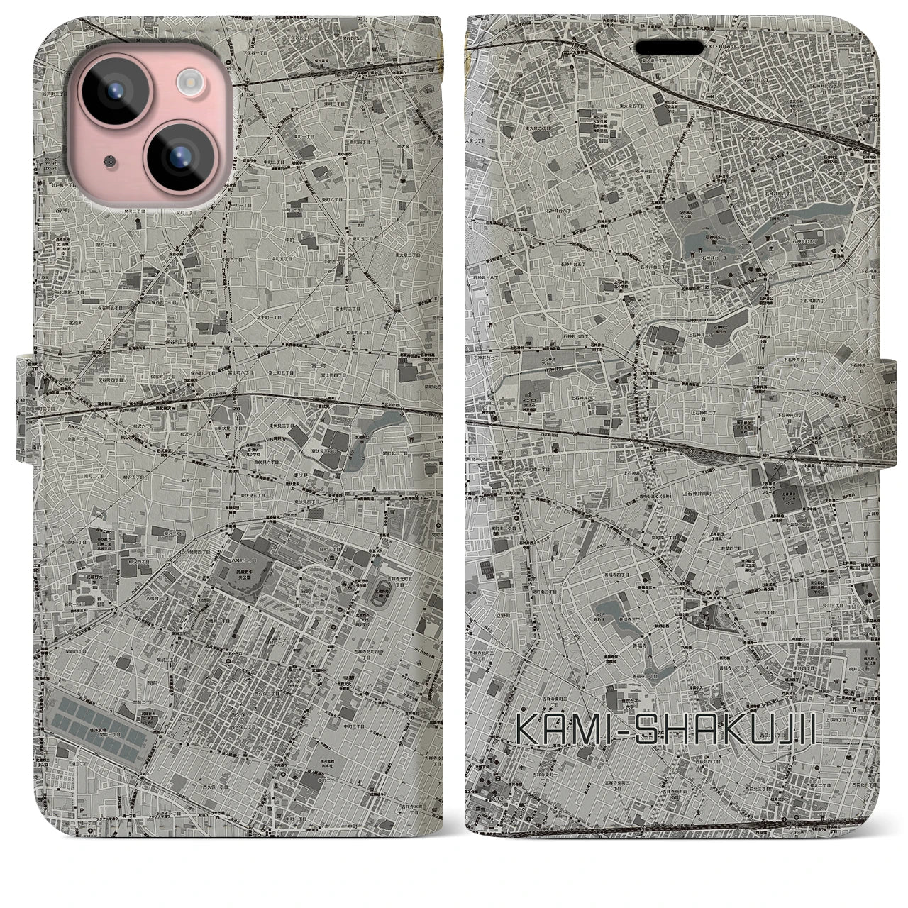 【上石神井(東京都)】地図柄iPhoneケース(手帳タイプ)モノトーン・iPhone 15 Plus 用