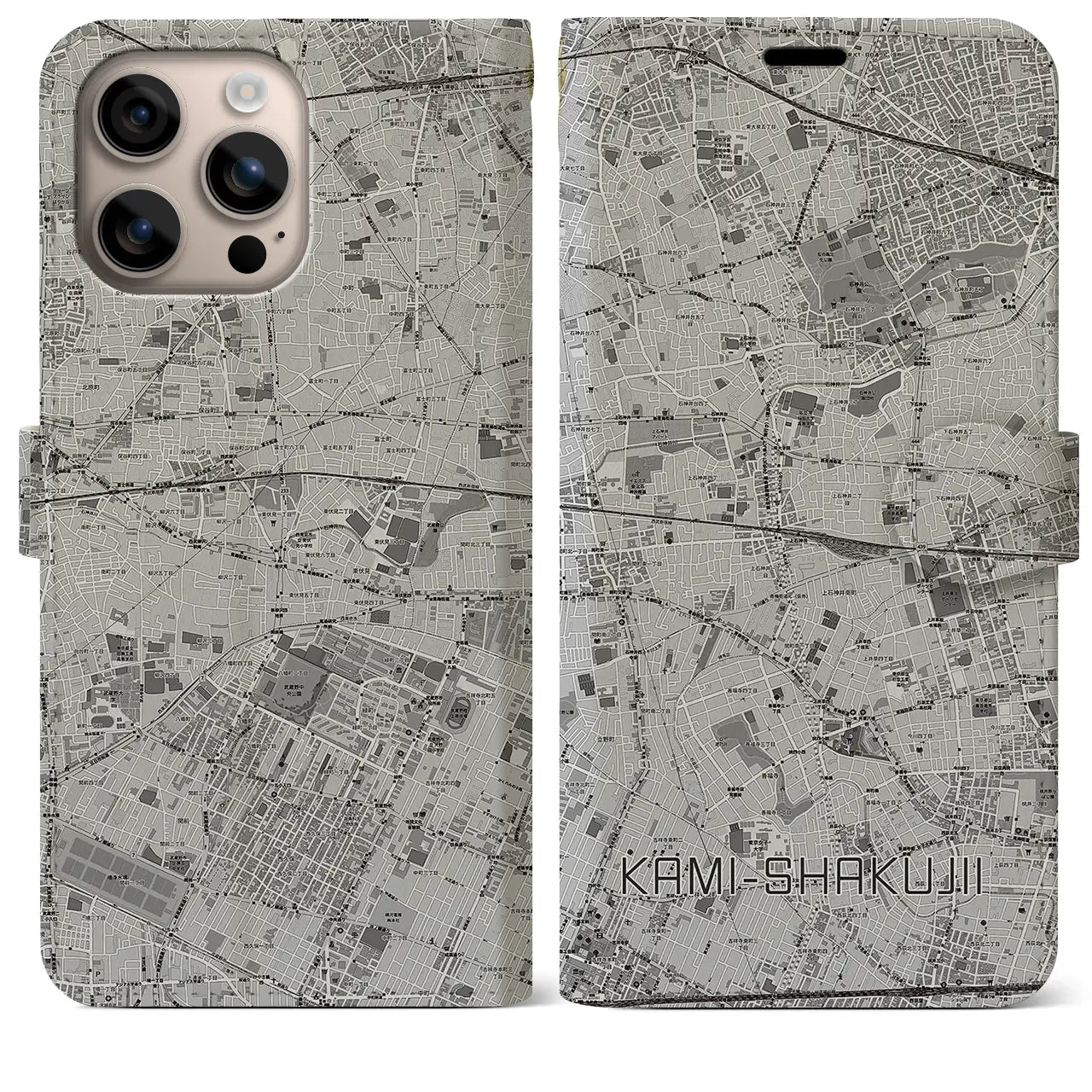 【上石神井(東京都)】地図柄iPhoneケース(手帳タイプ)モノトーン・iPhone 16 Plus 用