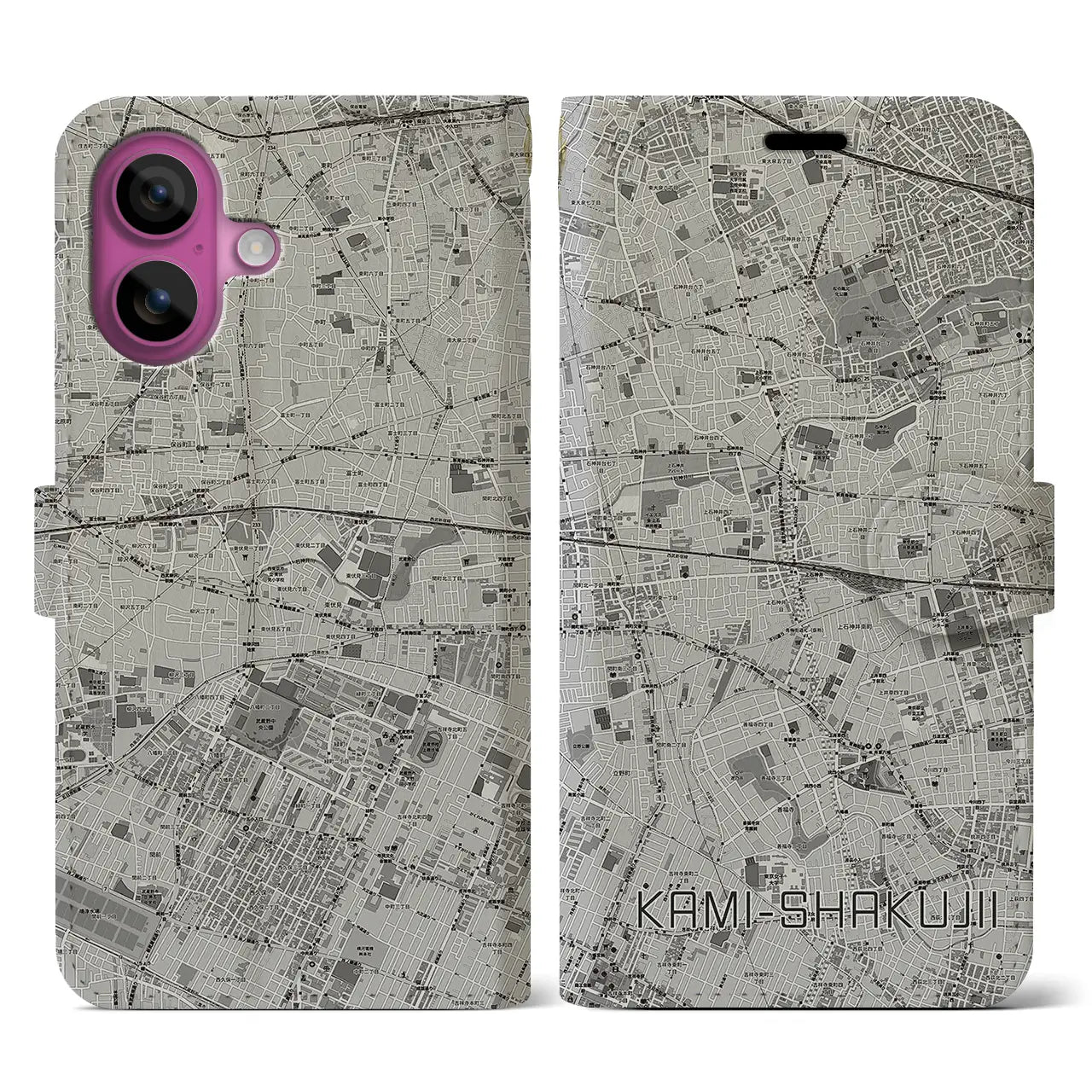 【上石神井(東京都)】地図柄iPhoneケース(手帳タイプ)モノトーン・iPhone 16 Pro 用