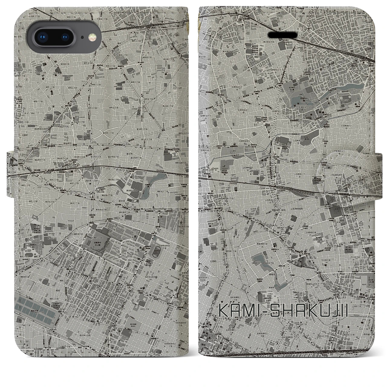 【上石神井(東京都)】地図柄iPhoneケース(手帳タイプ)モノトーン・iPhone 8Plus /7Plus / 6sPlus / 6Plus 用