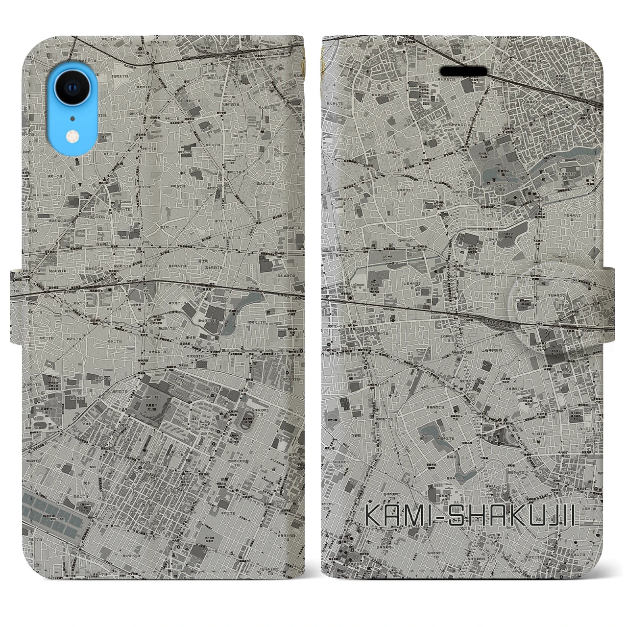 【上石神井(東京都)】地図柄iPhoneケース(手帳タイプ)モノトーン・iPhone XR 用