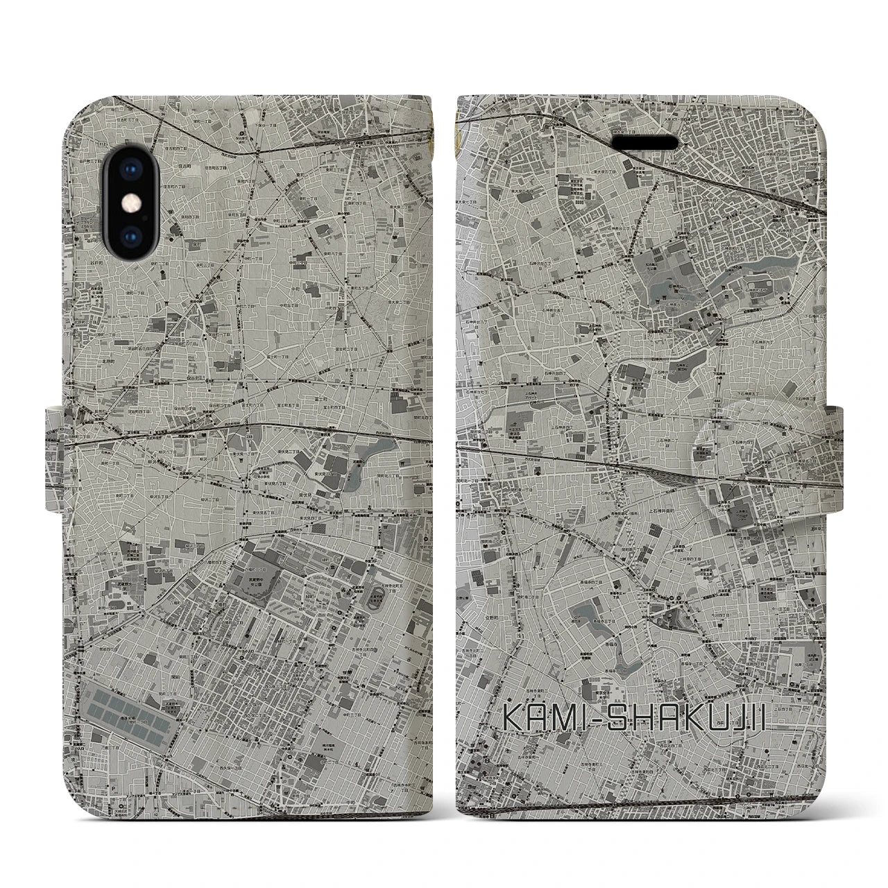 【上石神井(東京都)】地図柄iPhoneケース(手帳タイプ)モノトーン・iPhone XS / X 用