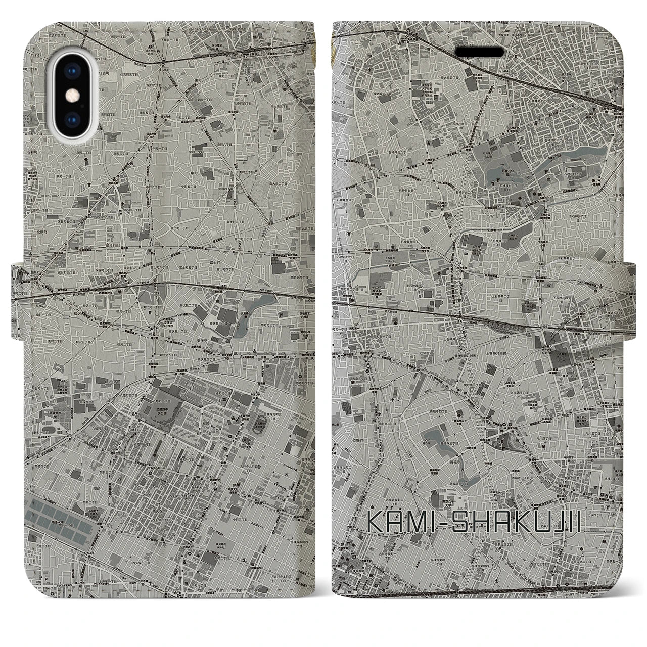 【上石神井(東京都)】地図柄iPhoneケース(手帳タイプ)モノトーン・iPhone XS Max 用