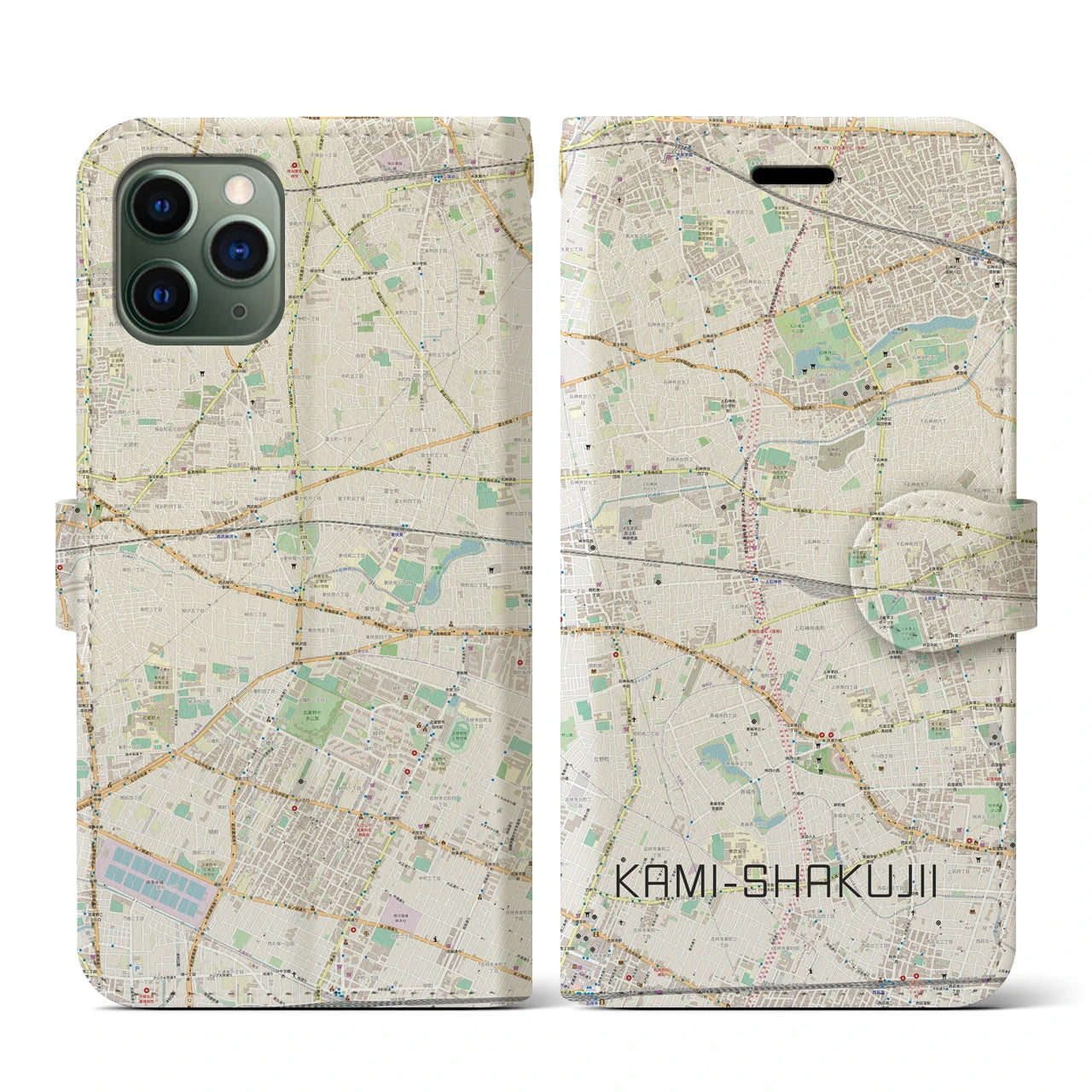 【上石神井(東京都)】地図柄iPhoneケース(手帳タイプ)ナチュラル・iPhone 11 Pro 用