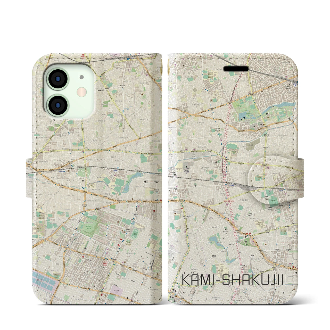 【上石神井(東京都)】地図柄iPhoneケース(手帳タイプ)ナチュラル・iPhone 12 mini 用