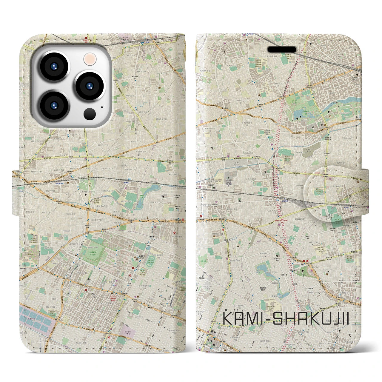 【上石神井(東京都)】地図柄iPhoneケース(手帳タイプ)ナチュラル・iPhone 13 Pro 用
