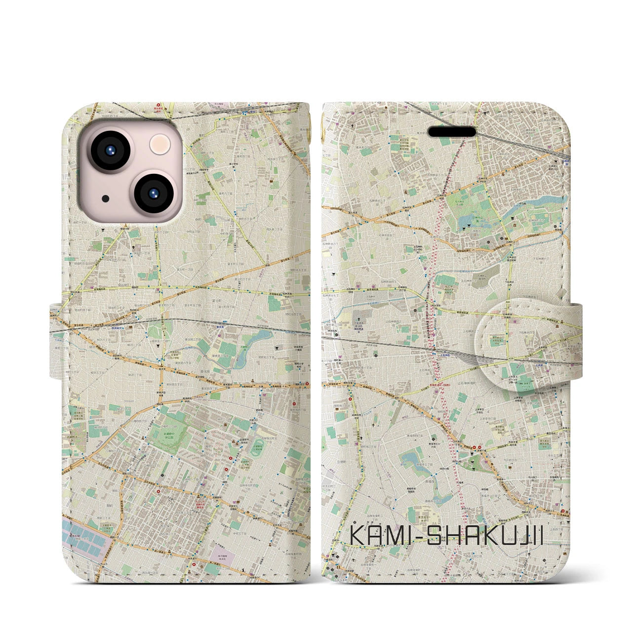 【上石神井(東京都)】地図柄iPhoneケース(手帳タイプ)ナチュラル・iPhone 13 mini 用