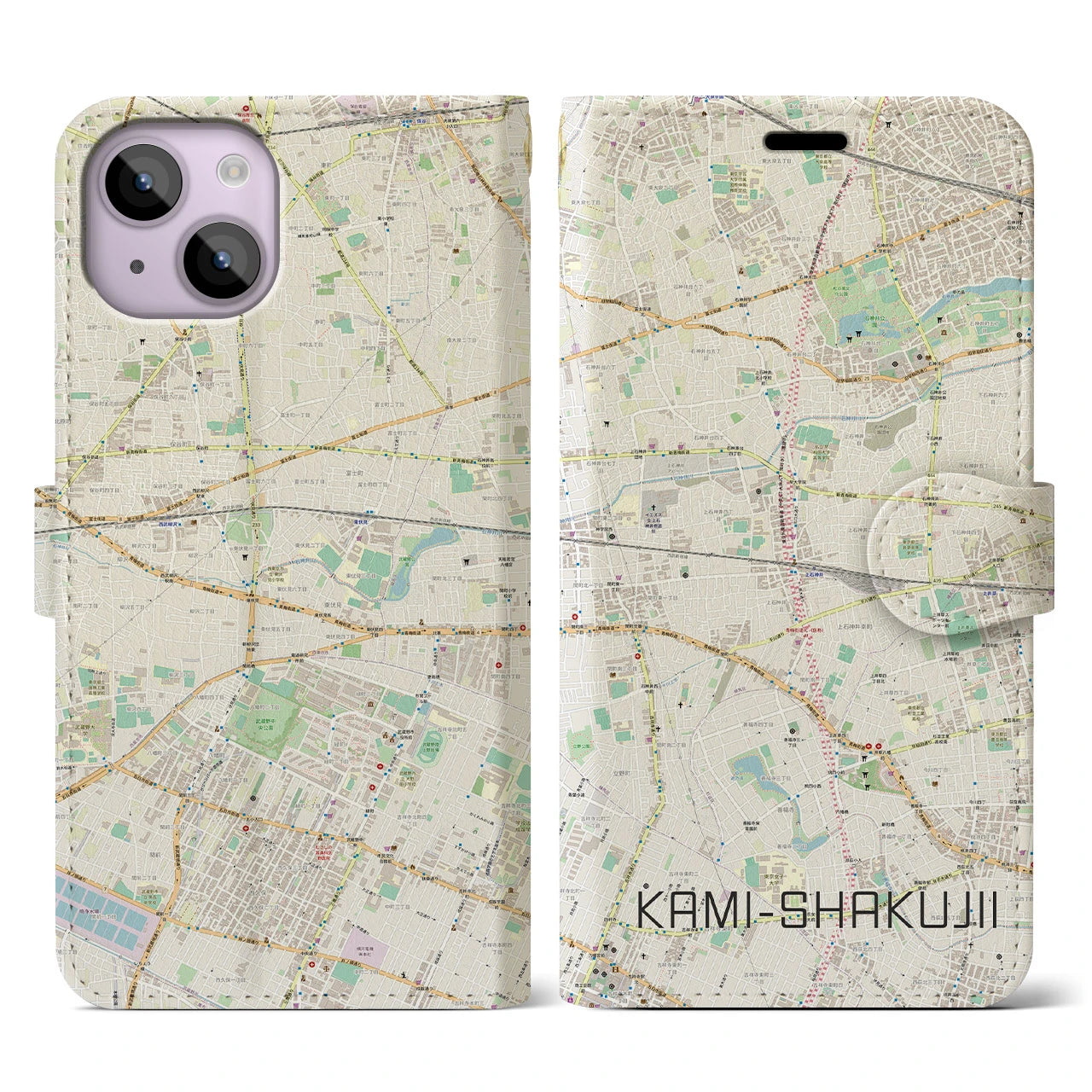 【上石神井(東京都)】地図柄iPhoneケース(手帳タイプ)ナチュラル・iPhone 14 用