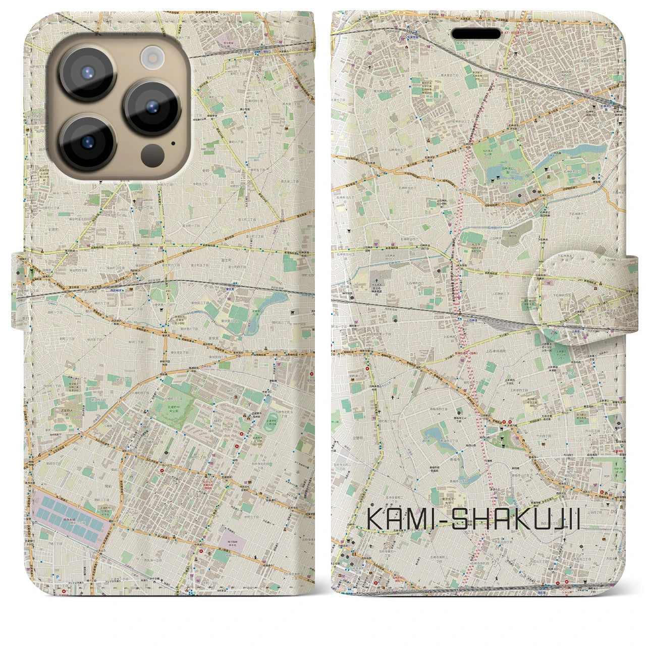 【上石神井(東京都)】地図柄iPhoneケース(手帳タイプ)ナチュラル・iPhone 14 Pro Max 用