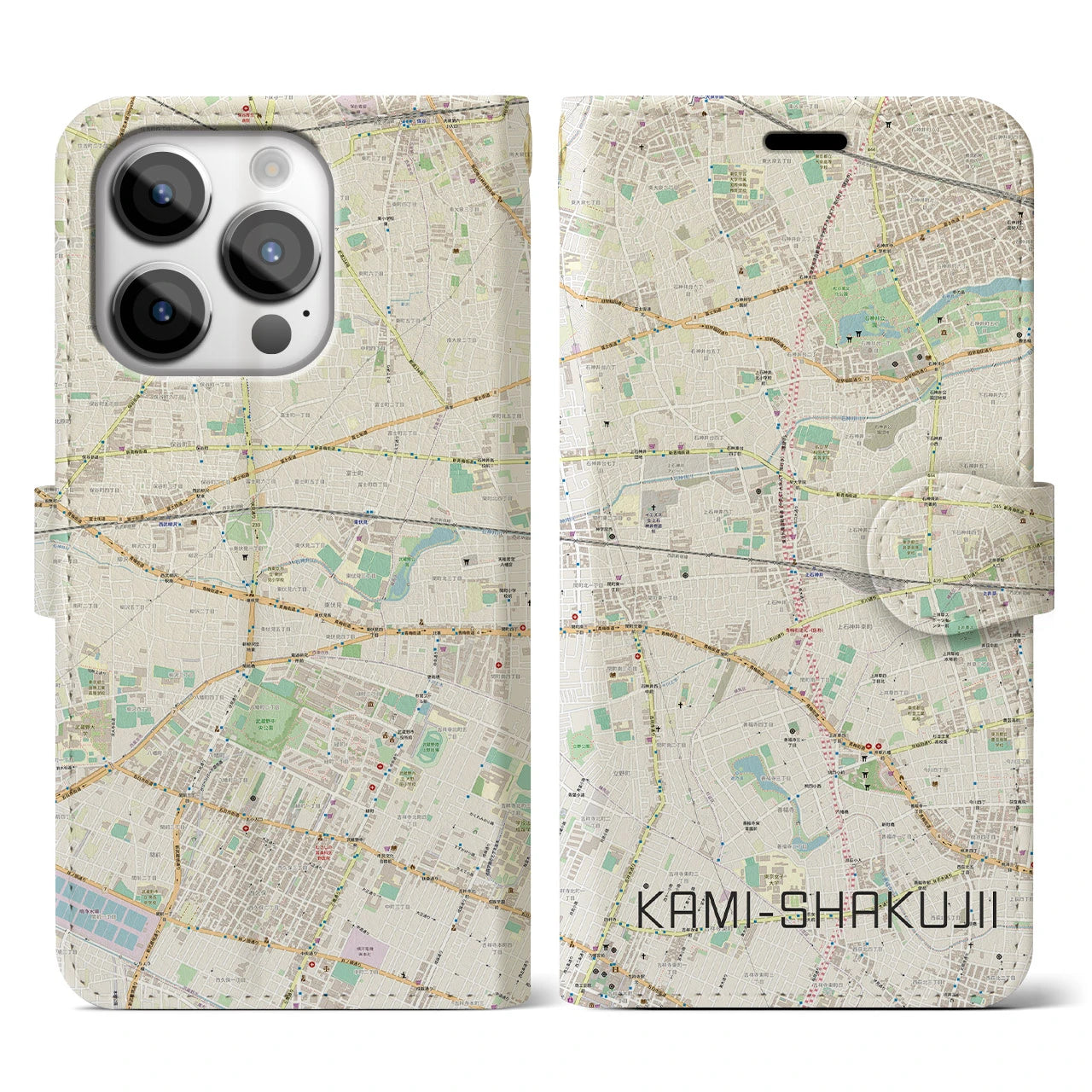【上石神井(東京都)】地図柄iPhoneケース(手帳タイプ)ナチュラル・iPhone 14 Pro 用