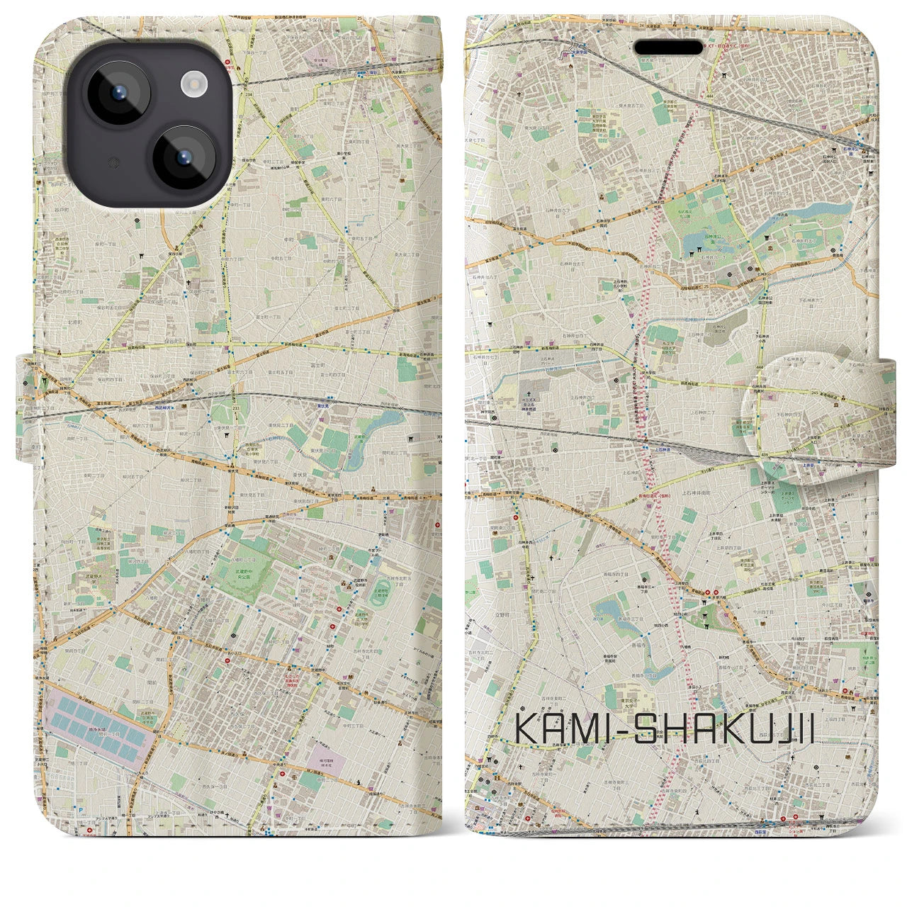 【上石神井(東京都)】地図柄iPhoneケース(手帳タイプ)ナチュラル・iPhone 14 Plus 用