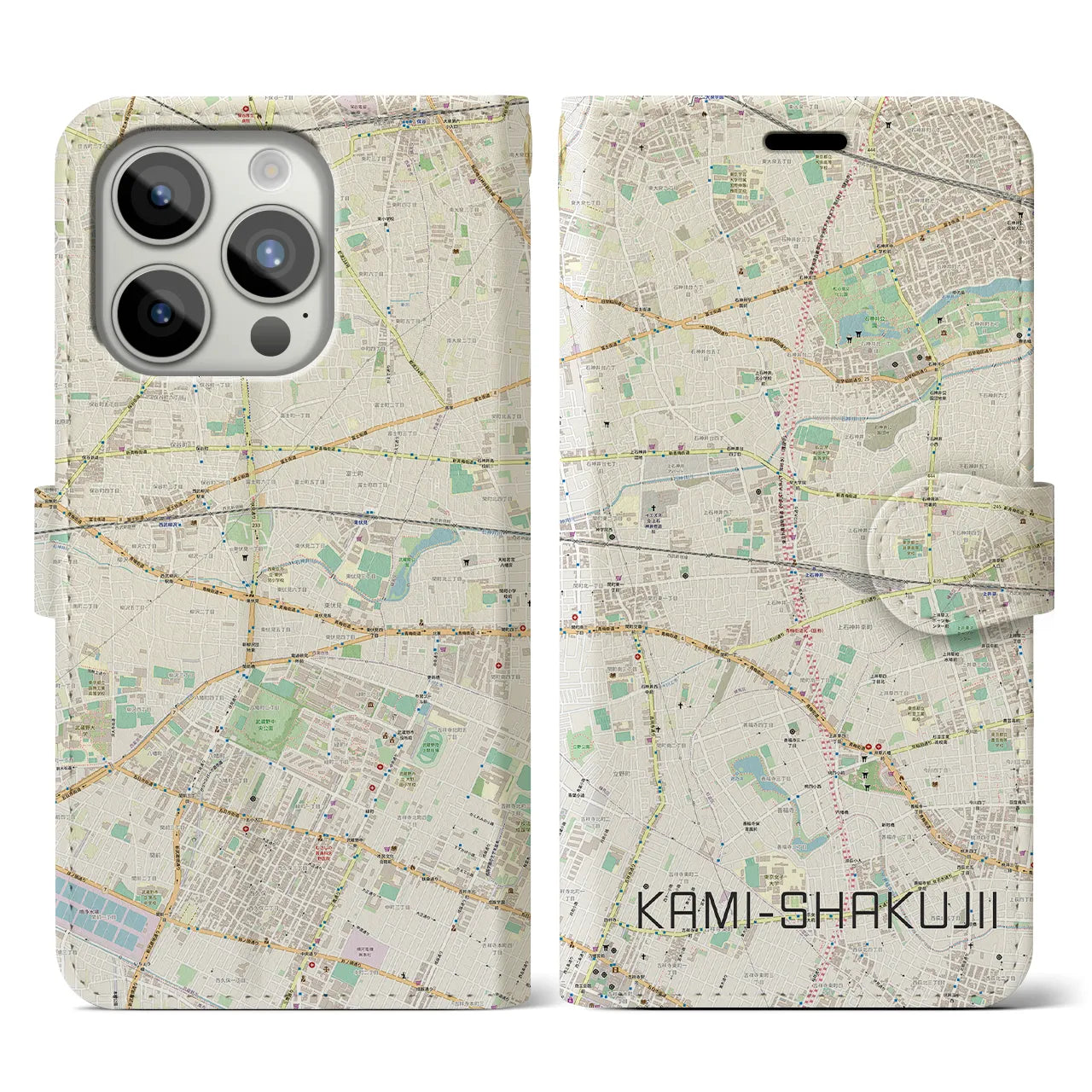【上石神井(東京都)】地図柄iPhoneケース(手帳タイプ)ナチュラル・iPhone 15 Pro 用