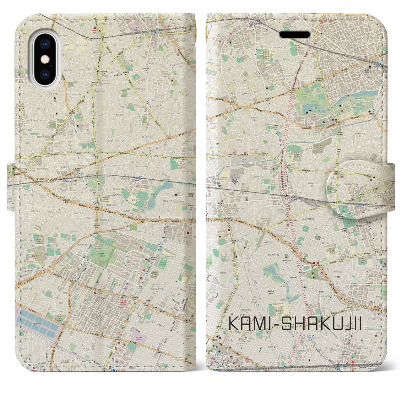 【上石神井(東京都)】地図柄iPhoneケース(手帳タイプ)ナチュラル・iPhone XS Max 用