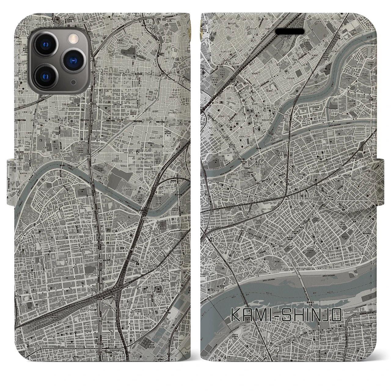 【上新庄(大阪府)】地図柄iPhoneケース(手帳タイプ)モノトーン・iPhone 11 Pro Max 用